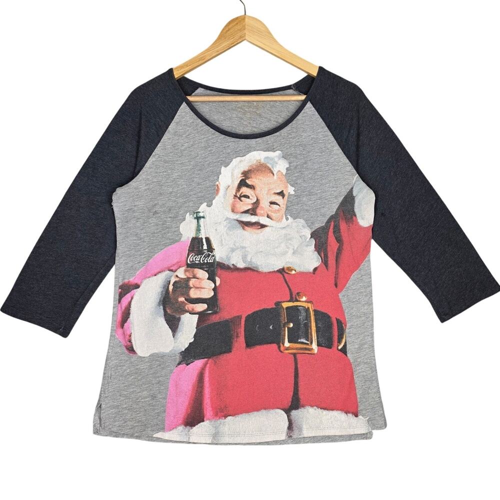 COCA‑COLA SANTA RAGLAN TEE – GRAY/BLACK – WOMEN’S XL – VINTAGE STYLE CLASSIC